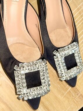 Brand New!! Bibi Lou Satin Pointed Toe Mules with Crystal Buckle - Size 6